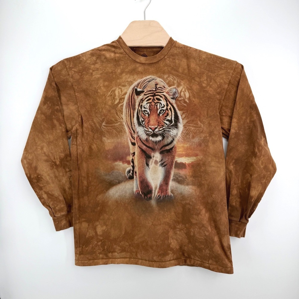 The Mountain Tiger Graphic Shirt Mens L Brwn Tie Dye Nature Wildlife Long Sleeve